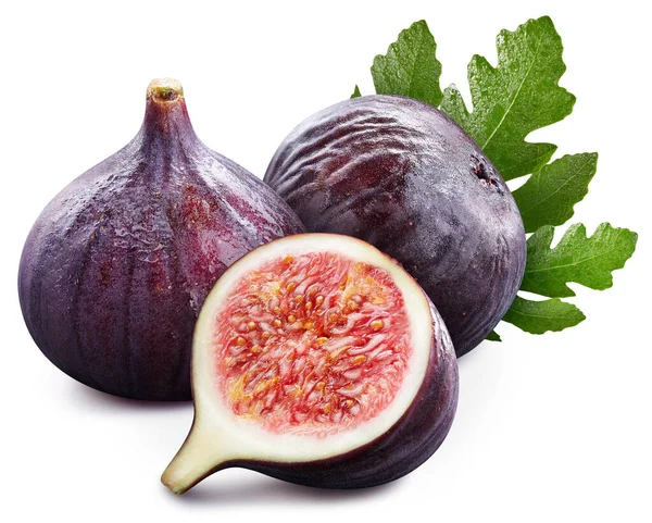 Figs Leaves Clipping Path Organic Fresh Fig Isolated White Full — Stok fotoğraf