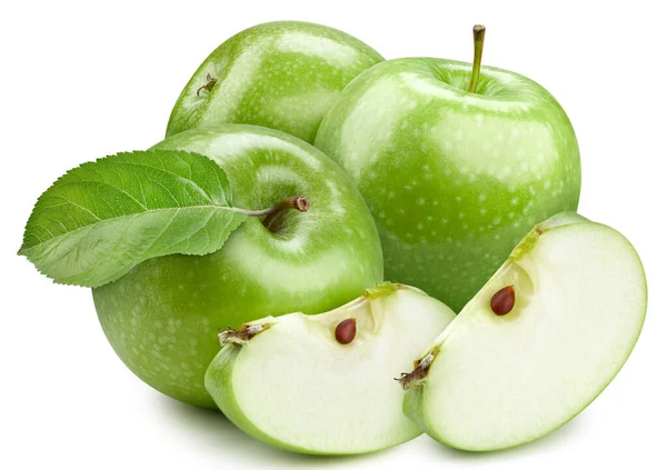 Grönt Äpple Färskt Ekologiskt Äpple Med Blad Isolerade Vit Bakgrund — Stockfoto