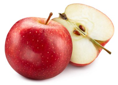 Kırmızı elma ve yarım. Beyaz arka planda izole edilmiş taze organik elma. Kırpma yolu olan elma