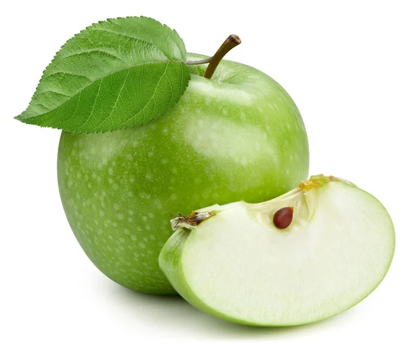 Pomme Tranches Isolées Sur Fond Blanc Pomme Verte Aux Feuilles — Photo