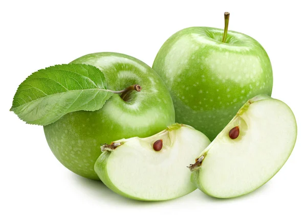 Grüne Apfelfrüchte Und Quittenscheiben Apfel Mit Blättern Auf Weißem Hintergrund — Stockfoto