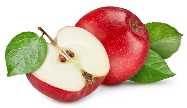 红苹果采摘路径 成熟的苹果果 绿叶隔离在白色的背景与修剪路径 Apple Fruit Macro Studio Photo — 图库照片