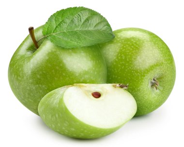 İki yeşil elma ve yeşil yaprak kırpma yolu. Beyaz üzerine izole edilmiş organik taze elma. Tam alan derinliği