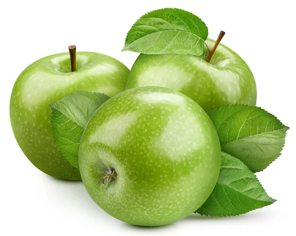 Isolerat Grönt Äpple Med Blad Äppelfrukt Och Skiva Fikon Vit — Stockfoto