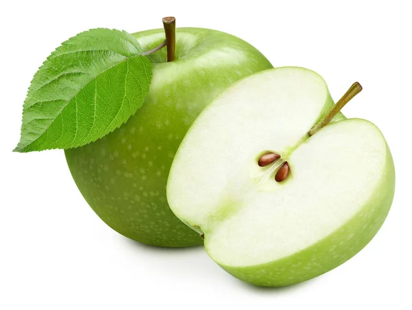 Green Apple Half Fresh Organic Apple Leaves Isolated White Background — Stock Photo, Image