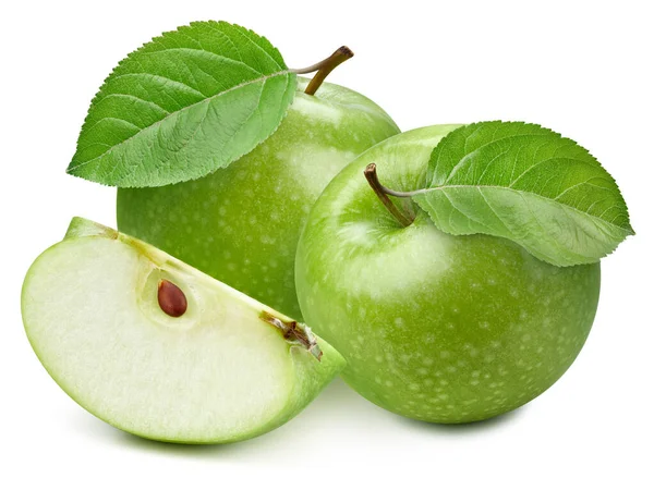 Zelené Jablko Plátek Čerstvé Organické Jablko Listy Izolovanými Bílém Pozadí — Stock fotografie