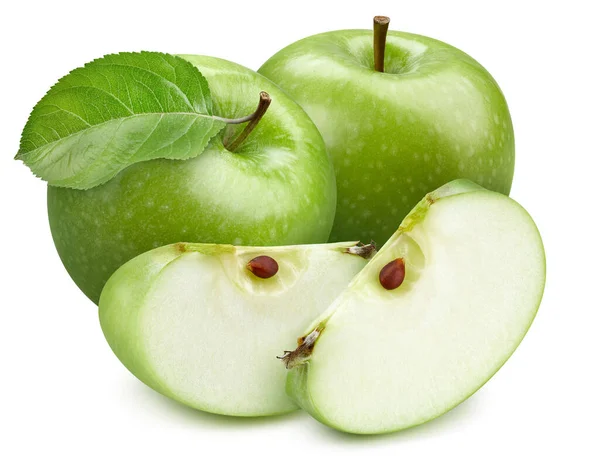 Zelené Jablko Čerstvé Organické Zelené Jablko Listy Izolovanými Bílém Pozadí — Stock fotografie
