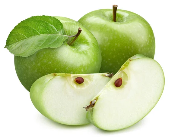 Una Manzana Verde Manzana Verde Orgánica Fresca Con Hojas Aisladas — Foto de Stock