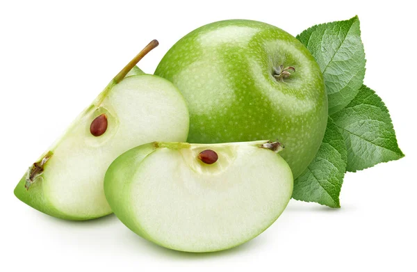 Isolerat Grönt Äpple Med Blad Äppelfrukt Och Skiva Fikon Vit — Stockfoto