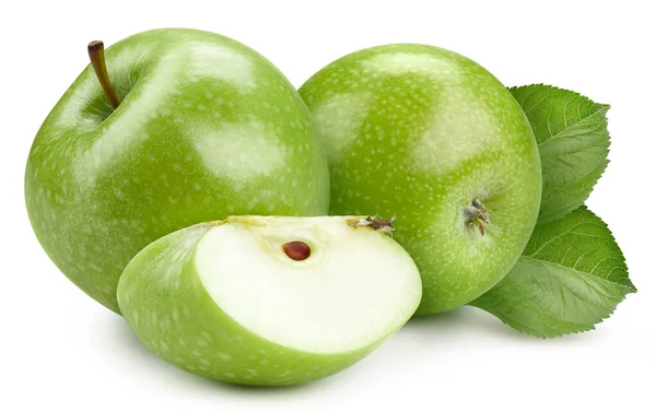 Čerstvé Zelené Jablko Nakrájené Plátky Listem Izolovaným Bílém Pozadí Oříznutá — Stock fotografie