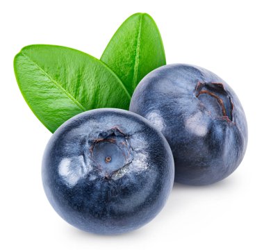 Olgun yaban mersini ve yeşil yaprak kırpma yolu. Beyaza izole edilmiş organik taze yaban mersini. Tam alan derinliği