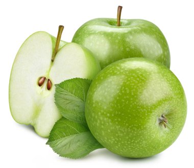 Taze yeşil elma ve beyaz arka planda yaprak ile dilimlenmiş. Kırpma Yolu. Tam alan derinliği.