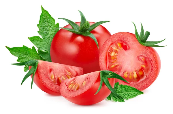 葉とトマトを分離 全体トマト野菜とクリッピングパスと白の背景にトマトをスライスします ハイエンド リーチ — ストック写真