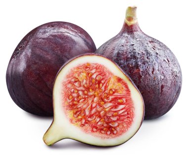 Olgun incir ve yarım kırpma yolu. Beyaza izole edilmiş organik taze incir. Görüntü yığını tam derinlikteki alan makro görüntüsü