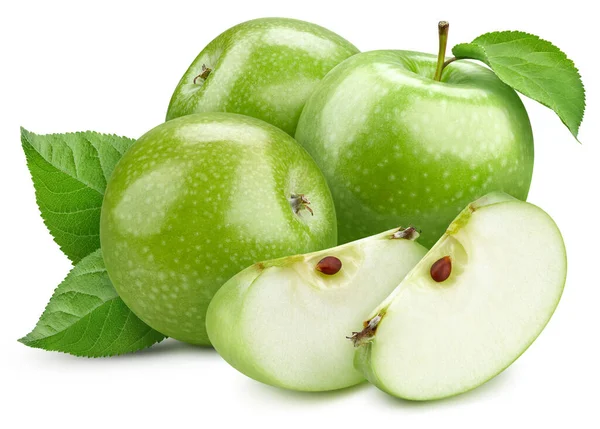 Свежий зеленый яблоко и разрезать в ломтик с листом изолированы — стоковое фото