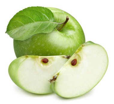 Taze yeşil elma ve yalıtılmış yaprak ile dilimlenmiş