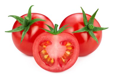 Olgun domates ve kesme yolu. Beyaz üzerine izole edilmiş organik taze domates. Görüntü yığını tam derinlikteki alan makro görüntüsü