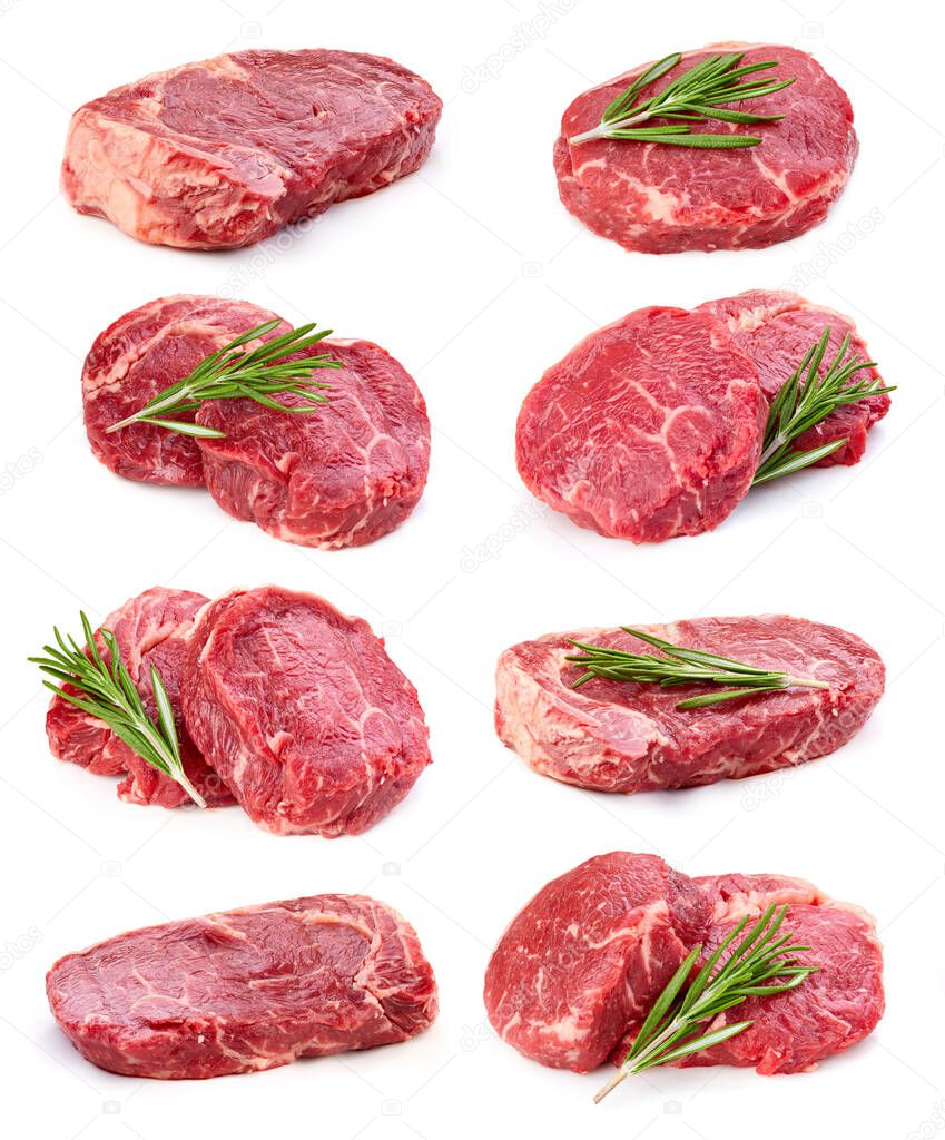 Fresh raw beef steak isolated on white background. Large piece of buffalo meat filet closeup