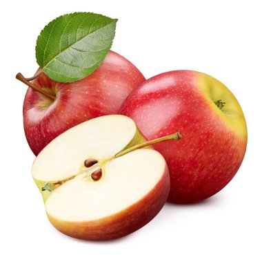Elma yapraklı elma ve beyaz arka planda yarı izole edilmiş.