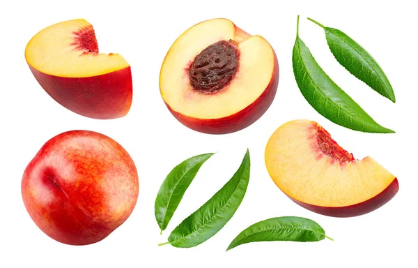 Peach Collection Isolated White Background Peach Leaves Clipping Path Fresh — Stock Photo, Image