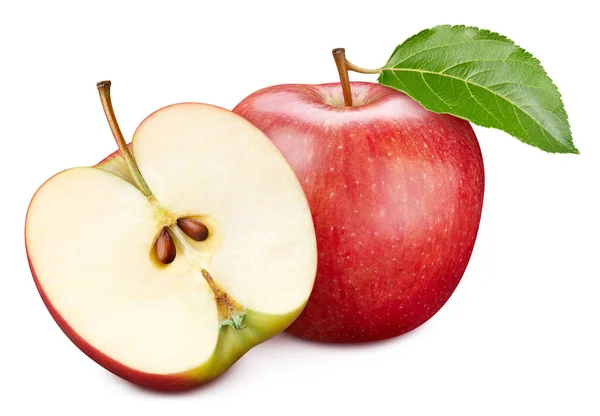 リンゴの葉と白の背景に隔離された半分を持つアップル — ストック写真