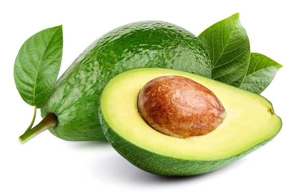 Rijp Avocado Met Bladeren Biologische Avocado Geïsoleerd Witte Achtergrond Proef — Stockfoto