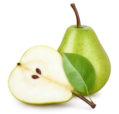 Beyaz arka planda armut yapraklı armut meyvesi. Armut kırpma yolu. Profesyonel stüdyo makro çekimi