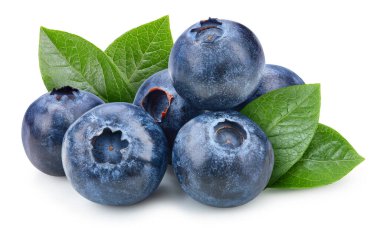 Beyaz arka planda yaban mersini yaprağı ile yaban mersini. Yabanmersini kırpma yolu.