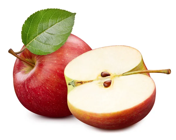 Frutto di mela con fette di mela e foglie isolate su sfondo bianco — Foto Stock