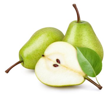 Beyaz arka planda armut yapraklı armut meyvesi. Armut kırpma yolu. Profesyonel stüdyo makro çekimi