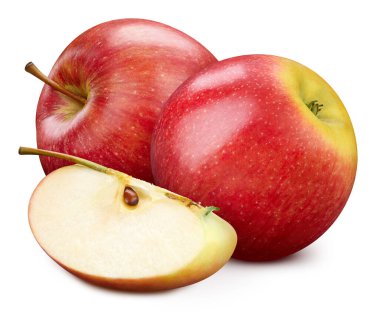 Beyaz arka planda izole edilmiş organik elma. Beyaz arka planda elma ve yarım elma. Kırpma yolu olan elma