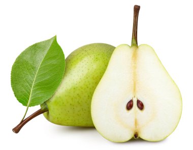 Beyaz arka planda armut yapraklı armut meyvesi. Armut kırpma yolu. Profesyonel stüdyo makro çekimi