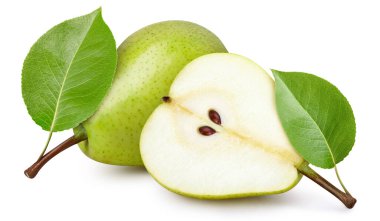 Beyaz arka planda armut yapraklı armut meyvesi. Armut kırpma yolu. Profesyonel stüdyo makro çekimi