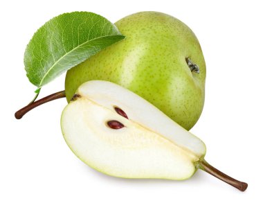 Taze armut meyvesi. Yeşil armut beyaz arka planda izole edilmiş. Kırpma yolu ile armut