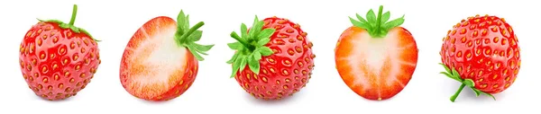 Verzamelen van aardbeienfruit met groen blad en gesneden geïsoleerd — Stockfoto