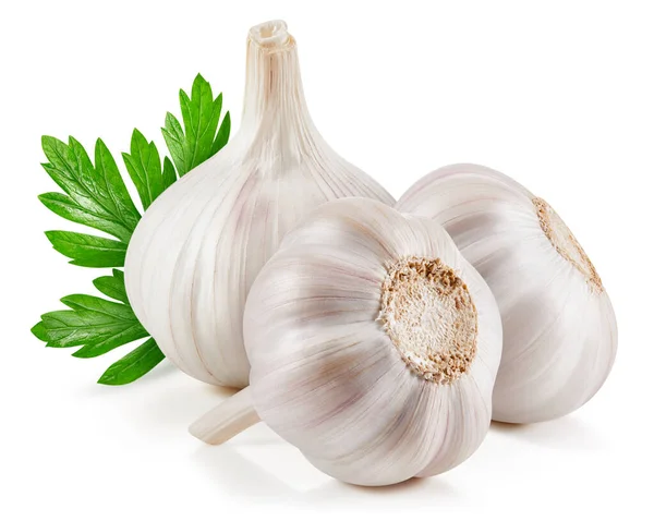 Knoblauch Mit Blatt Isoliert Auf Weißem Hintergrund Knoblauch Schneiden Pfad — Stockfoto