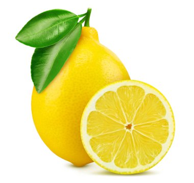 Beyaz arka planda izole edilmiş bir buçuk limonlu meyve. İzole kesilmiş limonlar. Kesme yolu olan limon