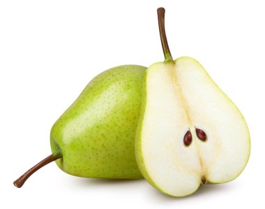 Armut Kırpma Yolu. Olgun, yeşil yapraklı armut meyvesi ve kesme yolu olan beyaz arka planda yarı izole edilmiş. Armut meyveli makro stüdyo fotoğrafı.