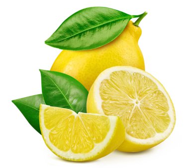 Yaprak izole edilmiş limon meyvesi. Limonlu, yarım dilimli, beyaz yapraklı. Limon kırpma yolu.