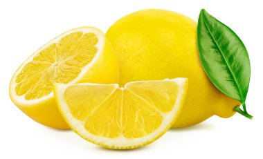 Yaprak izole edilmiş limon meyvesi. Limonlu, yarım dilimli, beyaz yapraklı. Limon kırpma yolu.