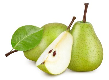 Beyaz arka planda armut yapraklı armut meyvesi. Armut kırpma yolu. Profesyonel stüdyo makro çekimi