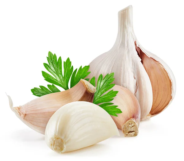 Knoblauch Mit Blatt Isoliert Auf Weißem Hintergrund Knoblauch Schneiden Pfad — Stockfoto