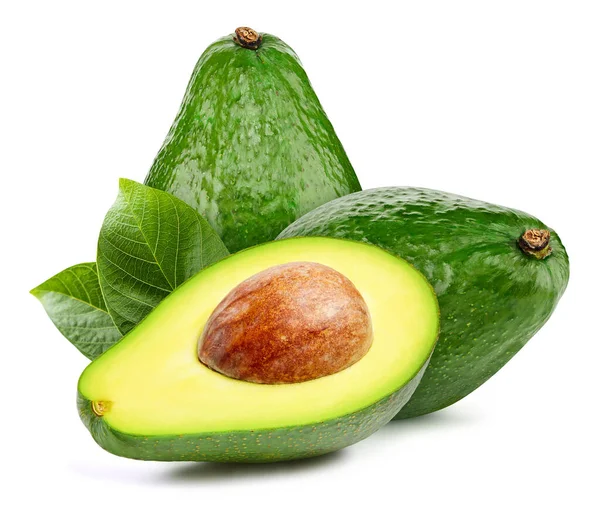 Vereinzelte Avocado Frische Bio Avocado Mit Blättern Isoliert Schneideweg Avocado — Stockfoto