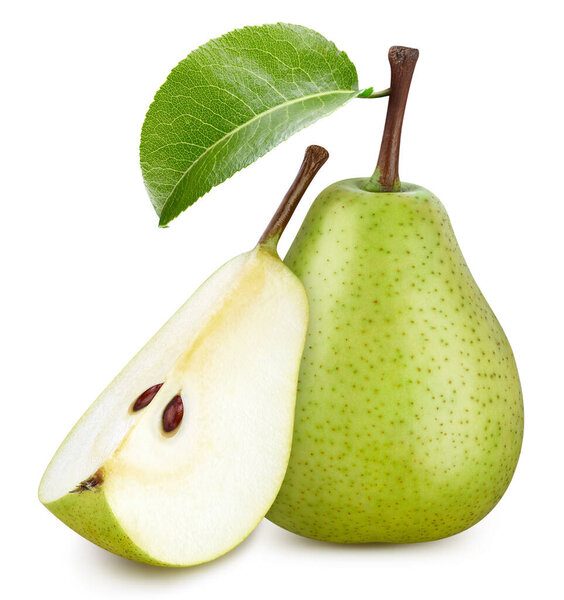Груша и половина груш на белом фоне. Груша изолирована на белом фоне. Груша с траекторией обрезки