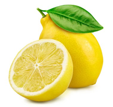 Beyaz arka planda izole edilmiş sulu limonlar. Taze limon ve yaprak. Yol limonları kırpılıyor. Limonlar makro stüdyo fotoğrafı