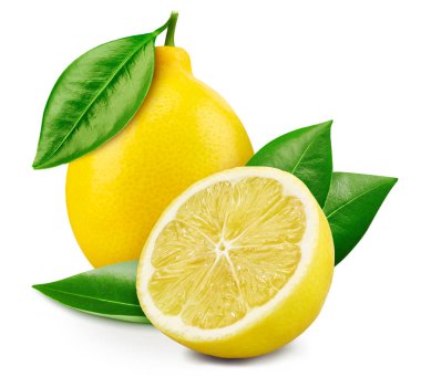 Beyaz arka planda izole edilmiş bir buçuk limonlu meyve. İzole kesilmiş limonlar. Kesme yolu olan limon