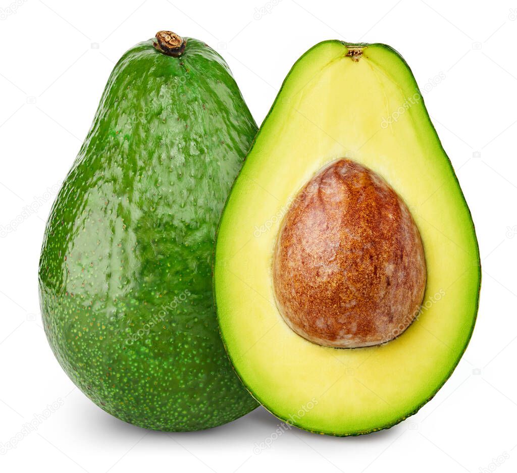 Avocado isolated on white background. Avocado and half avocado on white background. Avocado with clipping path