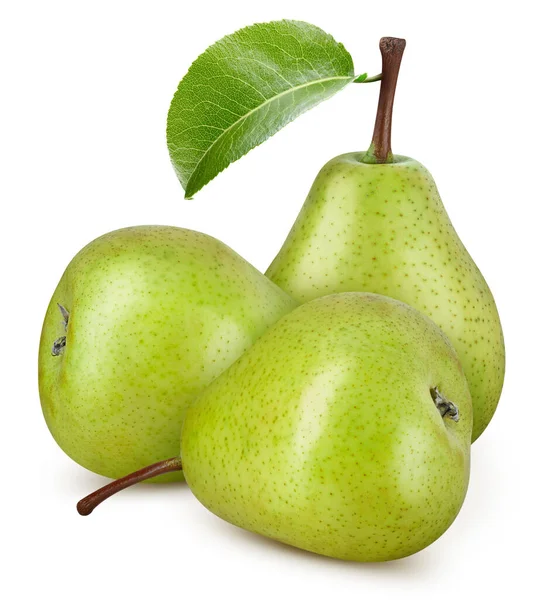 Fruta de pêra inteira madura com folha verde e metade isolada — Fotografia de Stock