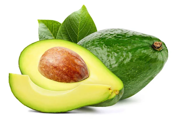 Vereinzelte Avocado Frische Bio Avocado Mit Blättern Isoliert Schneideweg Avocado — Stockfoto