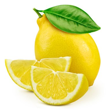 Beyaz arka planda izole edilmiş limonlu kompozisyon. Yaprak izole edilmiş limon meyvesi. Limon kırpma yolu.